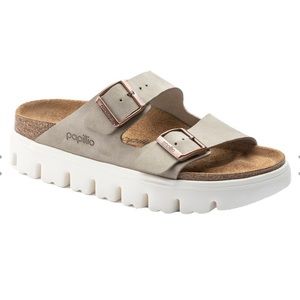 Birkenstock Arizona Platform by Papillio Taupe Suede Leather